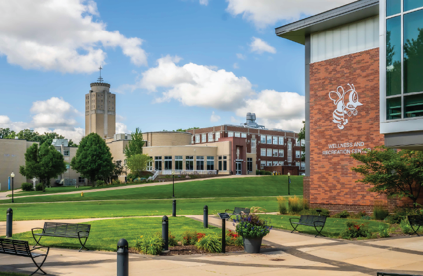 Landscape photo of the Wellness and Recreation Center and the Chapel