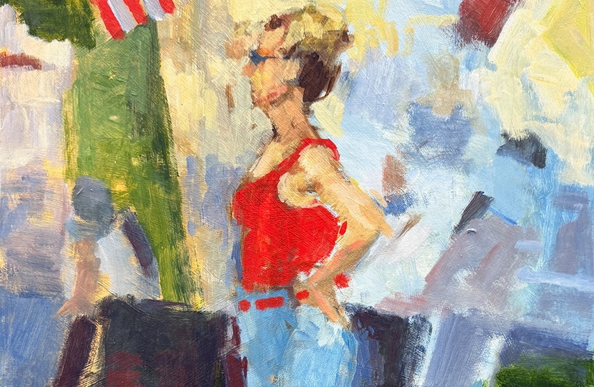 A painted image of a woman in a red shirt and blue jean shorts by Brad Brisbey.