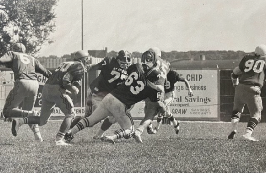 St. Ambrose University football players during a game in the 1970's.