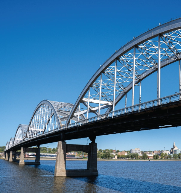 The Centennial Bridge in the Quad Cities viewed from the Iowa riverfront.