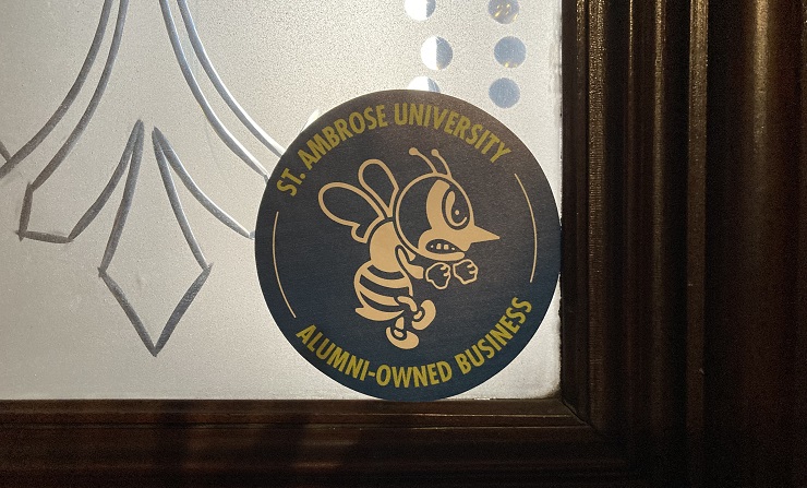 bee decal saying St. Ambrose University Alumni-Owned Business