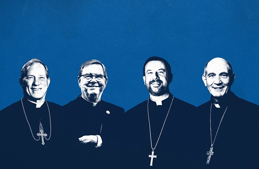A graphic of four bishops in a line, from left to right: The Most Rev. Robert Gruss '90, the Most Rev. Timothy Doherty '72, the Most Rev. Thomas Hennen '00, and the Most Rev. James Mark Beckman '84.