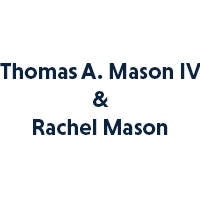 White background with blue lettering reading Thomas A. Mason IV and Rachel Mason