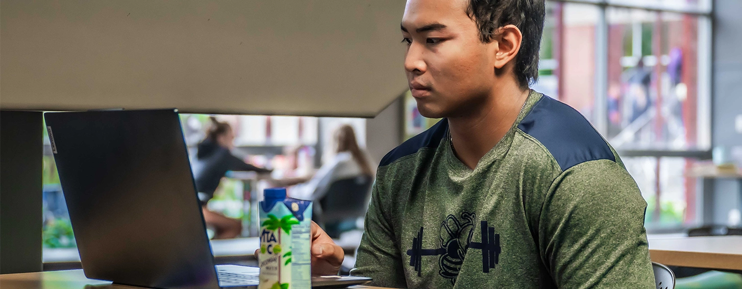 A St. Ambrose University student studies in the common area with a laptop.